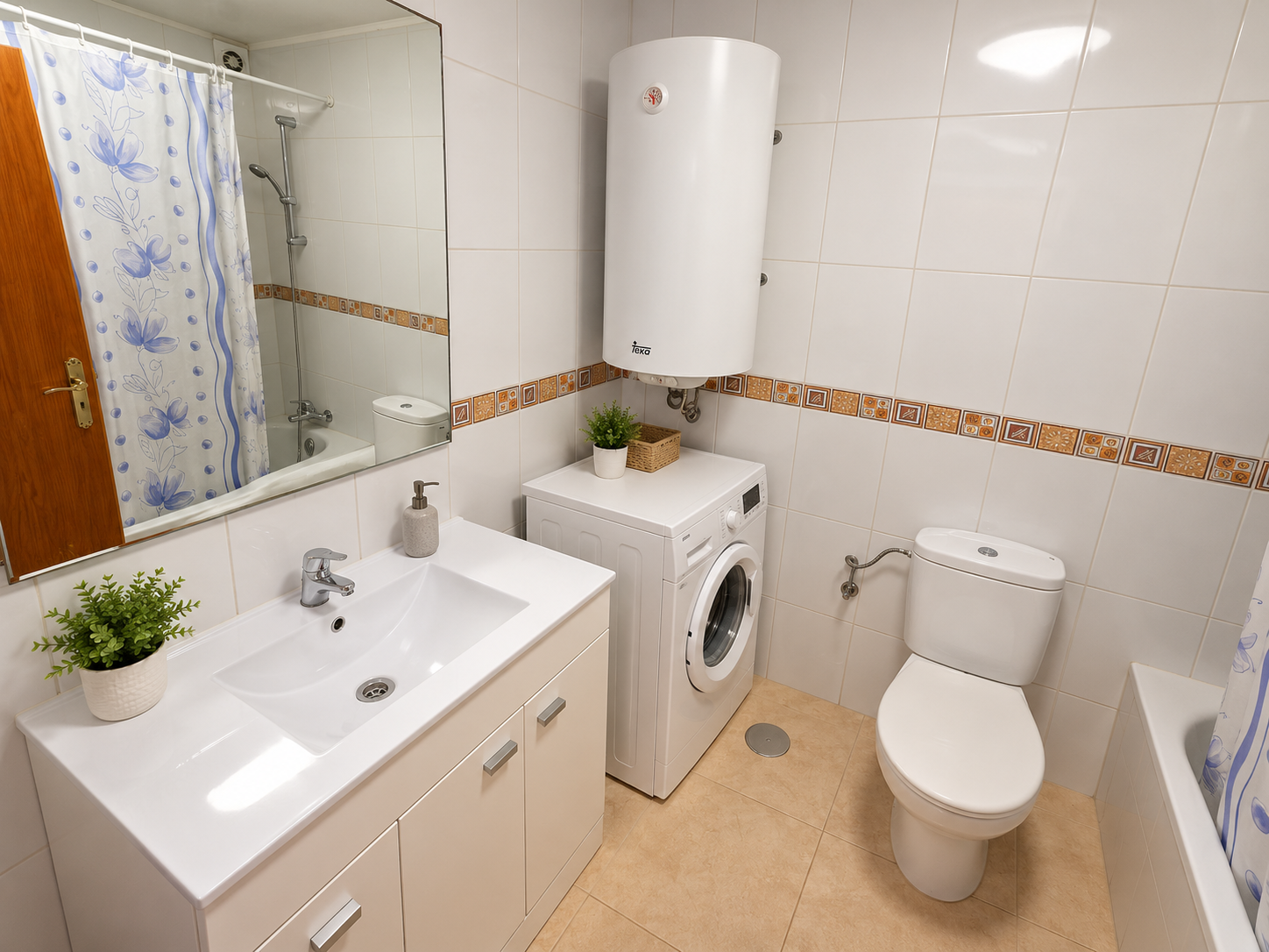 Tidy Modern Bathroom with Laundry Area